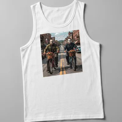 Realistic graphic of Jason Voorhees and Michael Myers riding bicycles in vibrant colors — printed on a tank top
