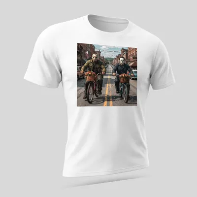 Realistic graphic of Jason Voorhees and Michael Myers riding bicycles in vibrant colors — printed on a unisex t-shirt (angled view)