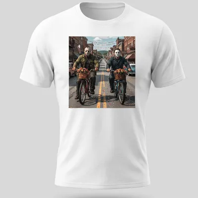 Realistic graphic of Jason Voorhees and Michael Myers riding bicycles in vibrant colors