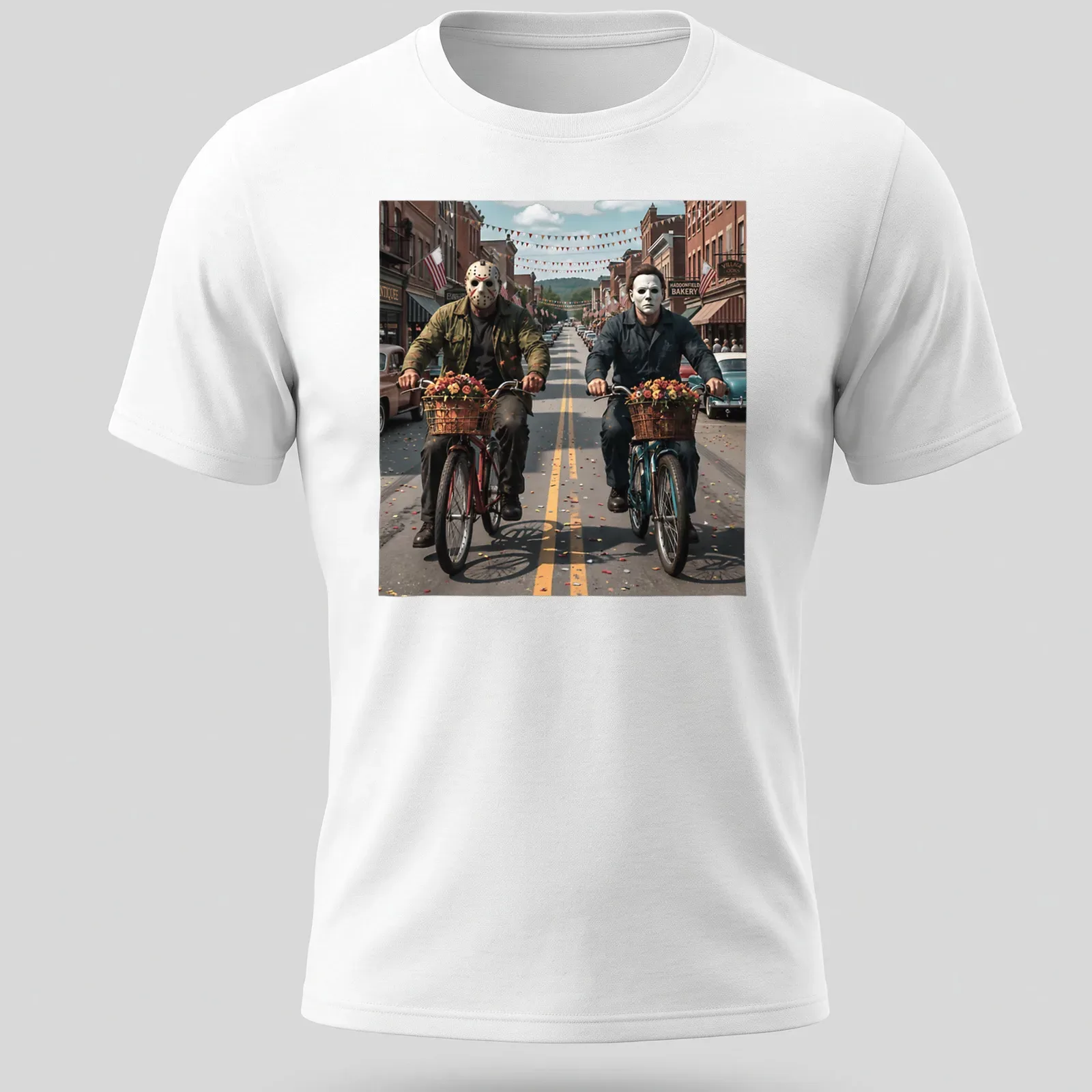 Realistic graphic of Jason Voorhees and Michael Myers riding bicycles in vibrant colors — printed on a unisex t-shirt