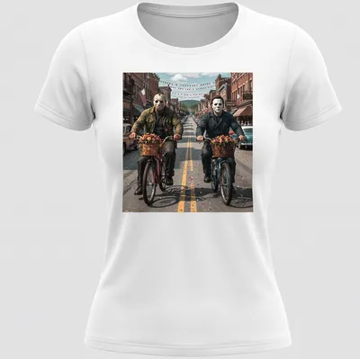 Realistic graphic of Jason Voorhees and Michael Myers riding bicycles in vibrant colors — printed on a women's shirt