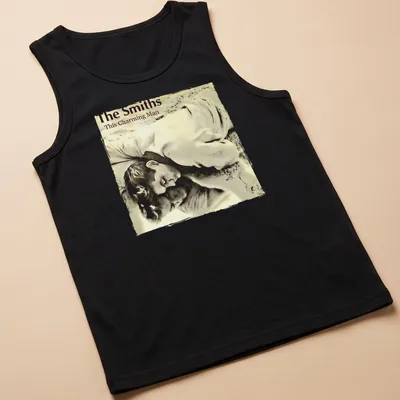Artistic illustration of Jean Marais with The Smiths text in beige, gray, and white. — printed on a tank top