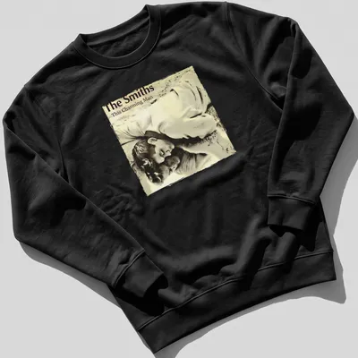 Artistic illustration of Jean Marais with The Smiths text in beige, gray, and white. — printed on a unisex sweatshirt