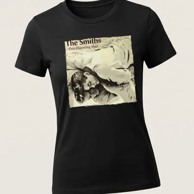 Artistic illustration of Jean Marais with The Smiths text in beige, gray, and white. — printed on a women's shirt