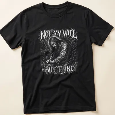 Death metal style shirt with Jesus and the text Not My Will But Thine in black and white