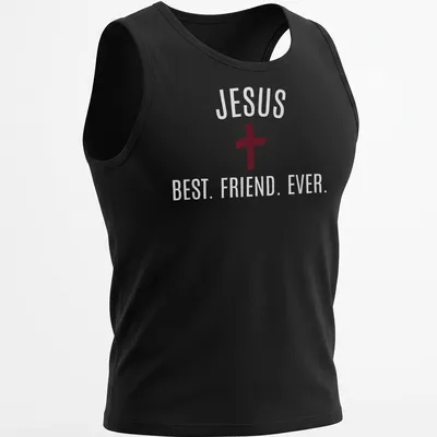 Bold typography Jesus Best Friend Ever T-shirt with cross in red and white — printed on a tank top
