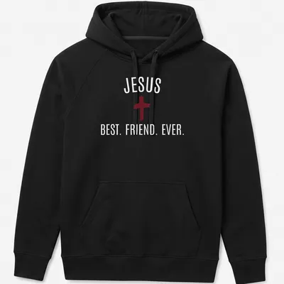 Bold typography Jesus Best Friend Ever T-shirt with cross in red and white — printed on a unisex hoodie