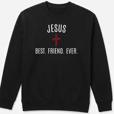 Bold typography Jesus Best Friend Ever T-shirt with cross in red and white — printed on a unisex sweatshirt