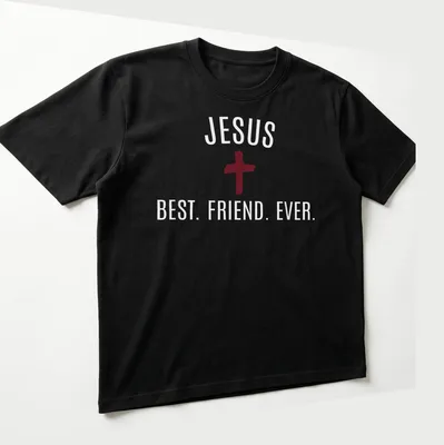 Bold typography Jesus Best Friend Ever T-shirt with cross in red and white — printed on a unisex t-shirt (angled view)