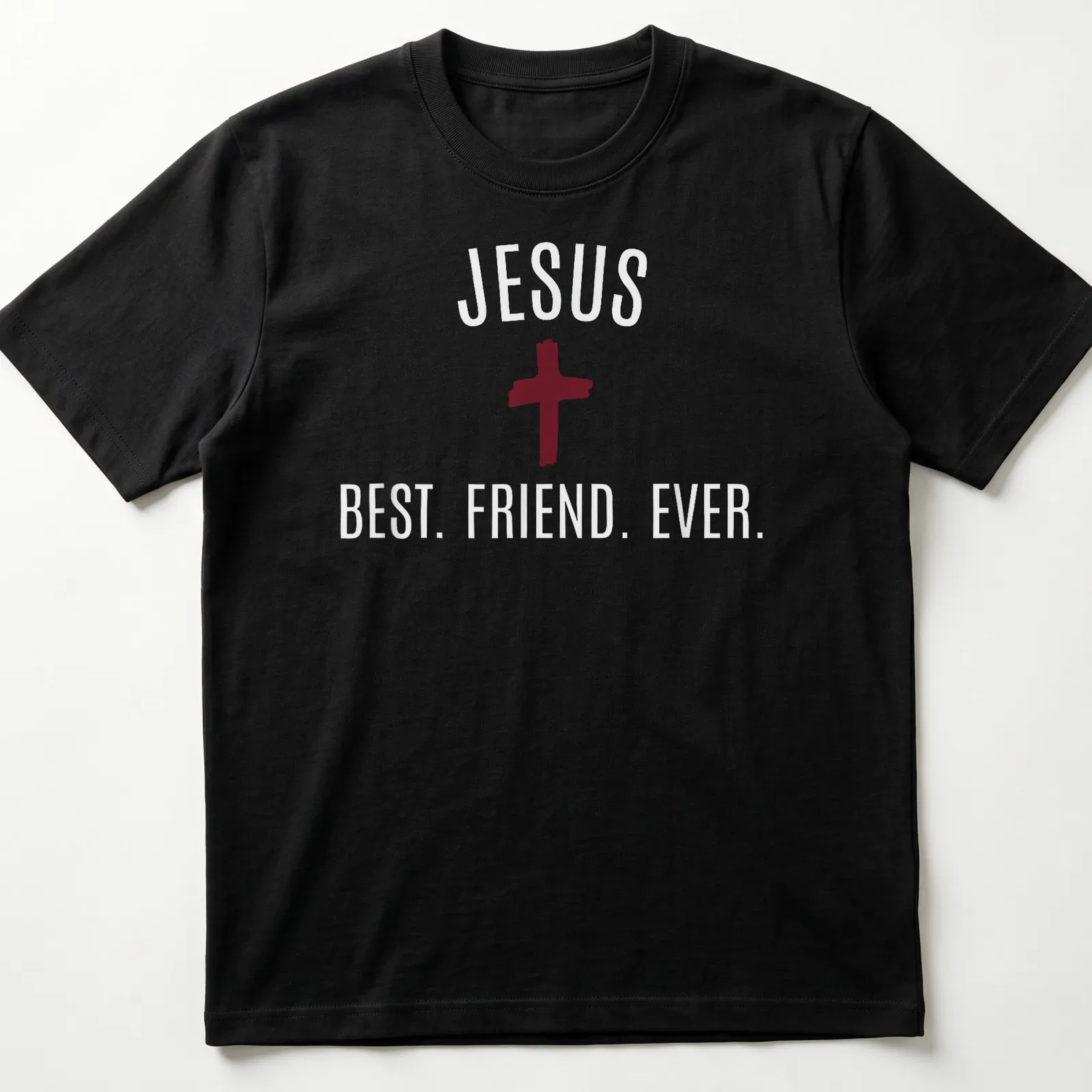 Bold typography Jesus Best Friend Ever T-shirt with cross in red and white — printed on a unisex t-shirt