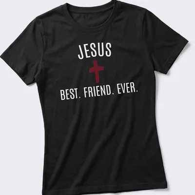 Bold typography Jesus Best Friend Ever T-shirt with cross in red and white — printed on a women's shirt