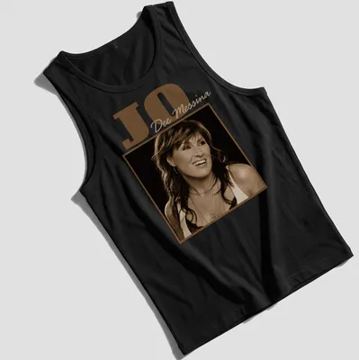 Vintage sepia Jo Dee Messina t-shirt featuring her name in stylish lettering — printed on a tank top