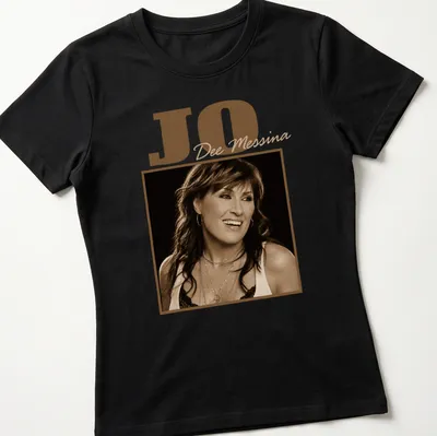 Vintage sepia Jo Dee Messina t-shirt featuring her name in stylish lettering — printed on a women's shirt