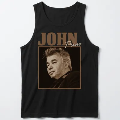 Vintage sepia John Prine t-shirt with classic text design in brown and cream — printed on a tank top