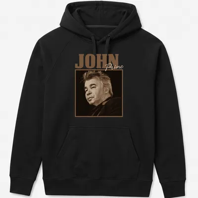 Vintage sepia John Prine t-shirt with classic text design in brown and cream — printed on a unisex hoodie