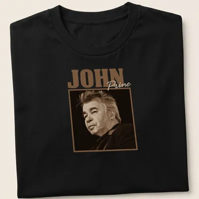 Vintage sepia John Prine t-shirt with classic text design in brown and cream