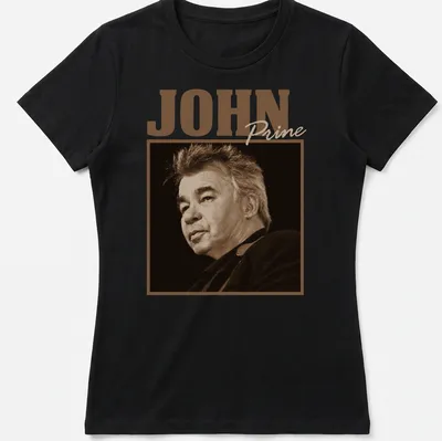 Vintage sepia John Prine t-shirt with classic text design in brown and cream — printed on a women's shirt
