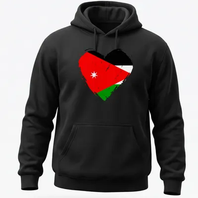 Distressed Jordan flag heart graphic in red, black, green, and white — printed on a unisex hoodie