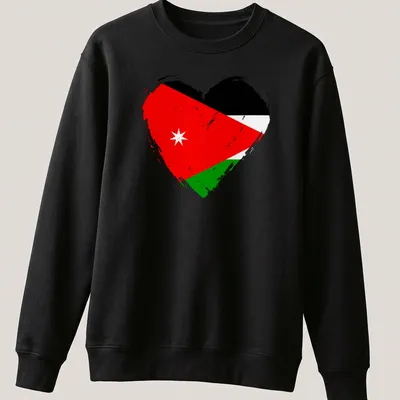 Distressed Jordan flag heart graphic in red, black, green, and white — printed on a unisex sweatshirt