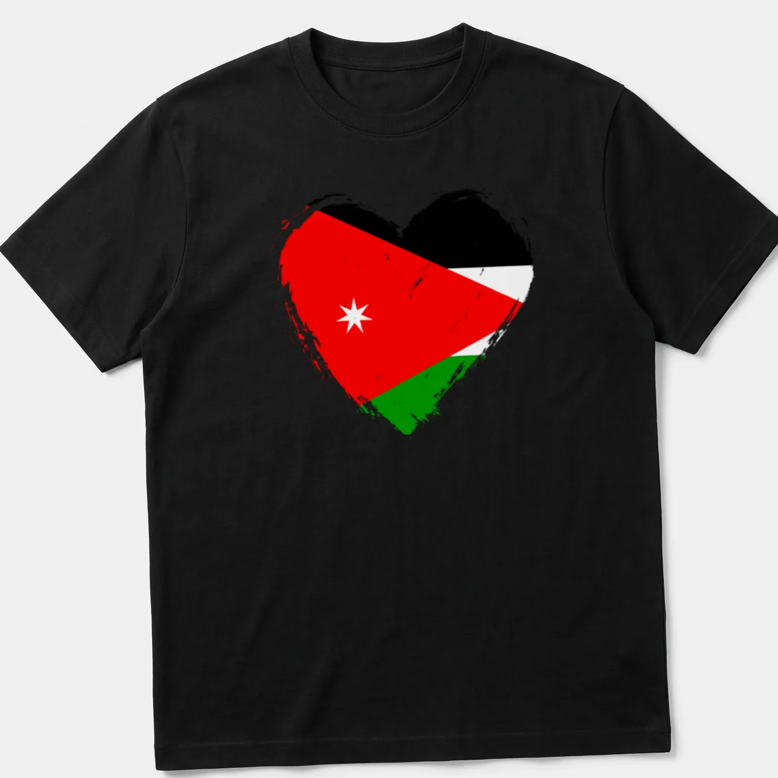 Distressed Jordan flag heart graphic in red, black, green, and white — printed on a unisex t-shirt