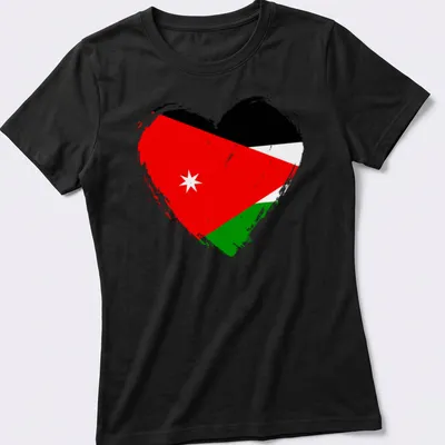 Distressed Jordan flag heart graphic in red, black, green, and white — printed on a women's shirt