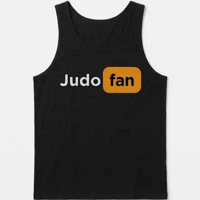Bold typography Judo fan t-shirt in black, orange, and white — printed on a tank top