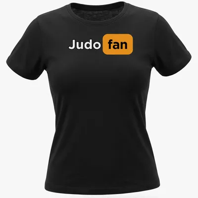 Bold typography Judo fan t-shirt in black, orange, and white — printed on a women's shirt