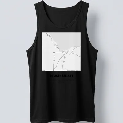Minimalist t-shirt with black text displaying Kahului map coordinates — printed on a tank top