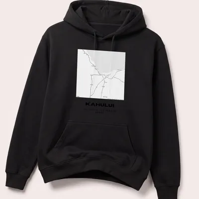 Minimalist t-shirt with black text displaying Kahului map coordinates — printed on a unisex hoodie