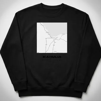 Minimalist t-shirt with black text displaying Kahului map coordinates — printed on a unisex sweatshirt