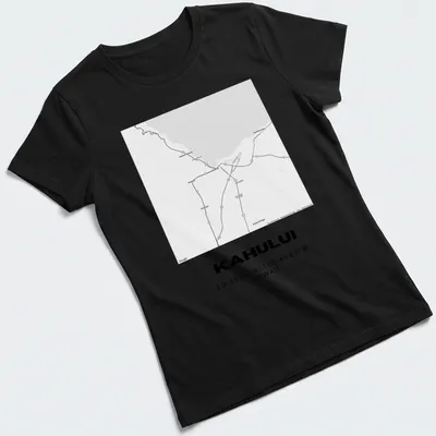Minimalist t-shirt with black text displaying Kahului map coordinates — printed on a women's shirt