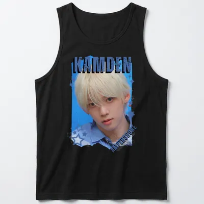 Digital art collage featuring KPOP boy group member with text KAMDEN AMPERS&ONE — printed on a tank top