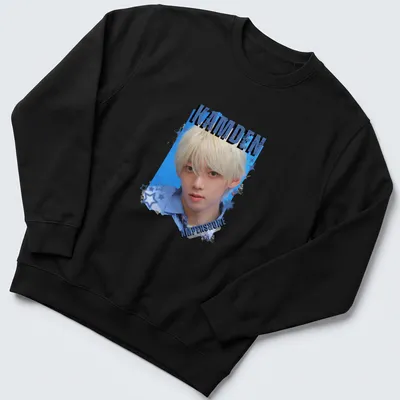 Digital art collage featuring KPOP boy group member with text KAMDEN AMPERS&ONE — printed on a unisex sweatshirt