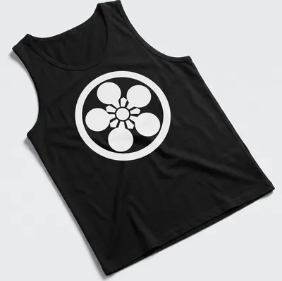 Traditional Japanese Kamon design in bold red, black, and white on a — printed on a tank top