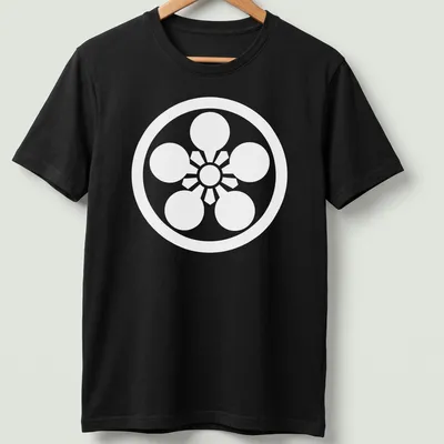 Traditional Japanese Kamon design in bold red, black, and white on a T-shirt