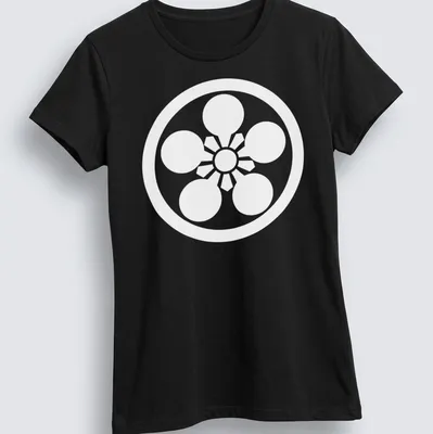Traditional Japanese Kamon design in bold red, black, and white on a — printed on a women's shirt