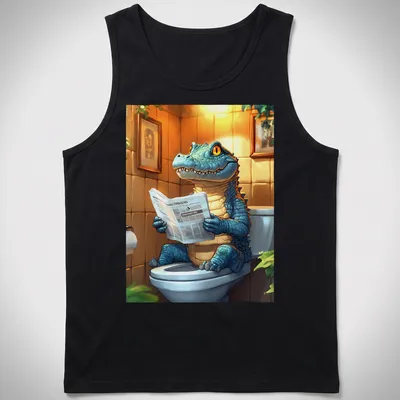 Kawaii crocodile reading a newspaper while sitting on a toilet, with bright colors — printed on a tank top