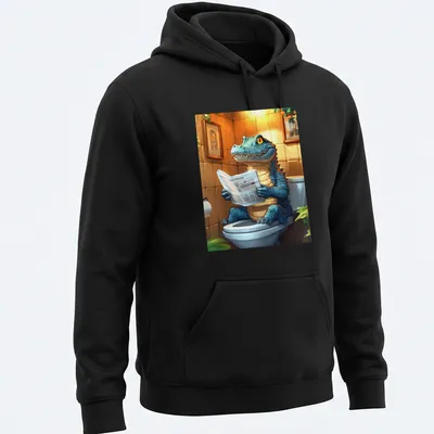 Kawaii crocodile reading a newspaper while sitting on a toilet, with bright colors — printed on a unisex hoodie