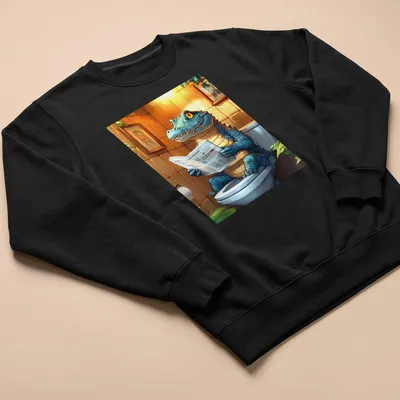 Kawaii crocodile reading a newspaper while sitting on a toilet, with bright colors — printed on a unisex sweatshirt