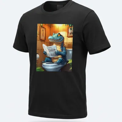 Kawaii crocodile reading a newspaper while sitting on a toilet, with bright colors