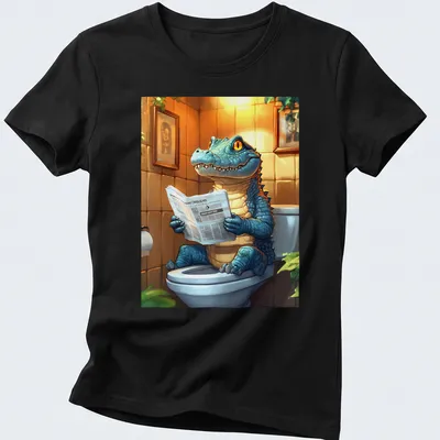 Kawaii crocodile reading a newspaper while sitting on a toilet, with bright colors — printed on a women's shirt