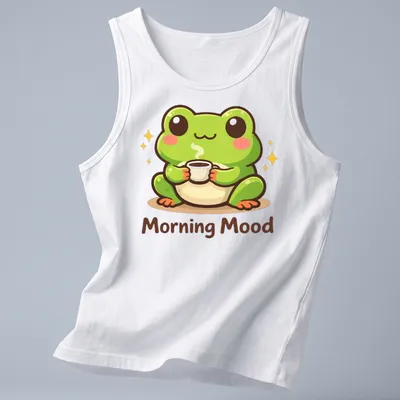 Kawaii frog holding a coffee cup with the text 'Morning Mood' above in playful colors — printed on a tank top
