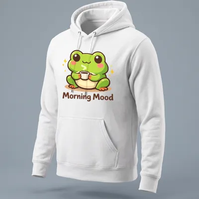 Kawaii frog holding a coffee cup with the text 'Morning Mood' above in playful colors — printed on a unisex hoodie