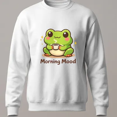 Kawaii frog holding a coffee cup with the text 'Morning Mood' above in playful colors — printed on a unisex sweatshirt