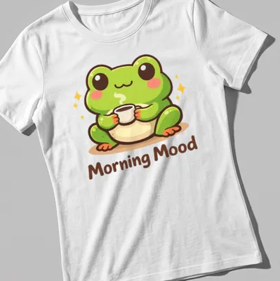 Kawaii frog holding a coffee cup with the text 'Morning Mood' above in playful colors — printed on a women's shirt
