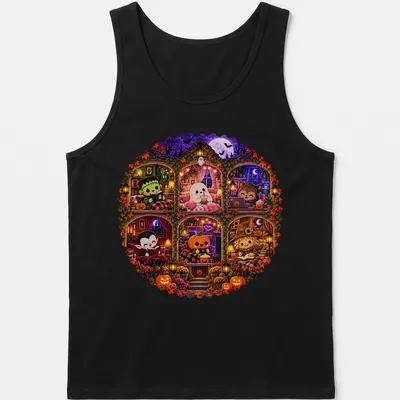 Kawaii Halloween design featuring cute ghost, Dracula, pumpkin, and Frankenstein in a haunted house — printed on a tank top