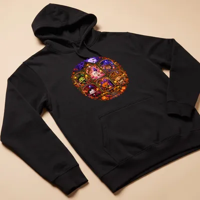 Kawaii Halloween design featuring cute ghost, Dracula, pumpkin, and Frankenstein in a haunted house — printed on a unisex hoodie