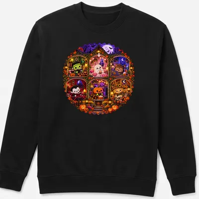 Kawaii Halloween design featuring cute ghost, Dracula, pumpkin, and Frankenstein in a haunted house — printed on a unisex sweatshirt