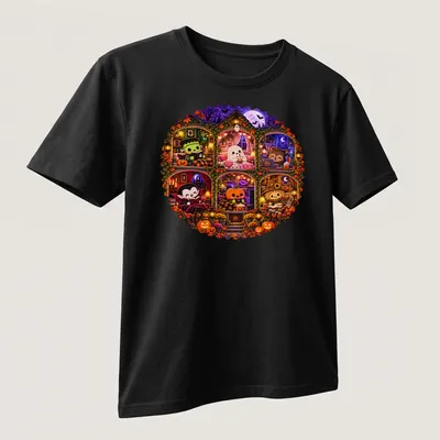 Kawaii Halloween design featuring cute ghost, Dracula, pumpkin, and Frankenstein in a haunted house — printed on a unisex t-shirt (angled view)