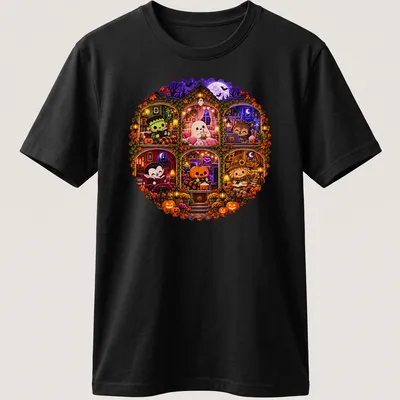 Kawaii Halloween design featuring cute ghost, Dracula, pumpkin, and Frankenstein in a haunted house